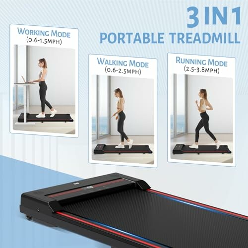 3 in 1 portable treadmill with working, walking, and running modes.