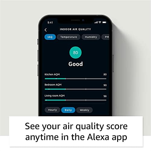 Smartphone displaying indoor air quality score in Alexa app.