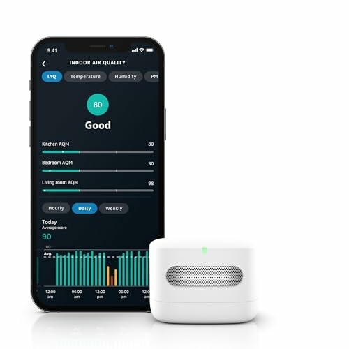 Smartphone displaying air quality app and a white air quality monitor device.
