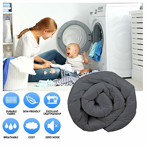 Woman and baby in laundry room with blanket and icons for blanket features.