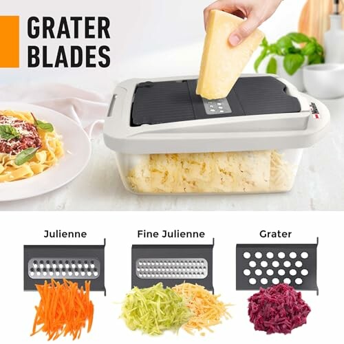 Cheese grater with interchangeable blades and grated cheese in container.