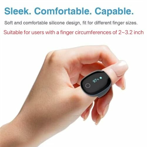 Person wearing a sleek, comfortable finger oximeter.