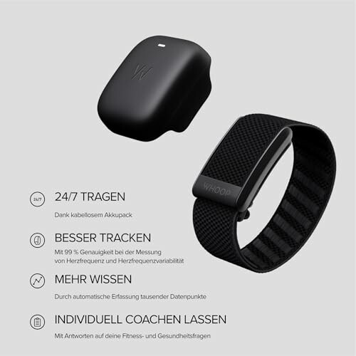 Black fitness tracker and charging accessory with German text promoting features.