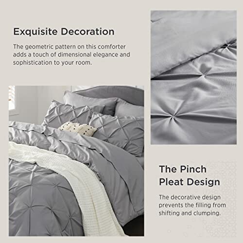 Gray comforter set with pinch pleat design and decorative pillows.