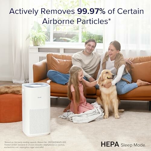 Family with dog sitting on a couch next to a HEPA air purifier.