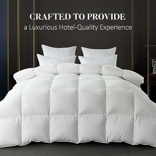 Luxurious white bedding set with pillows, emphasizing hotel-quality comfort.