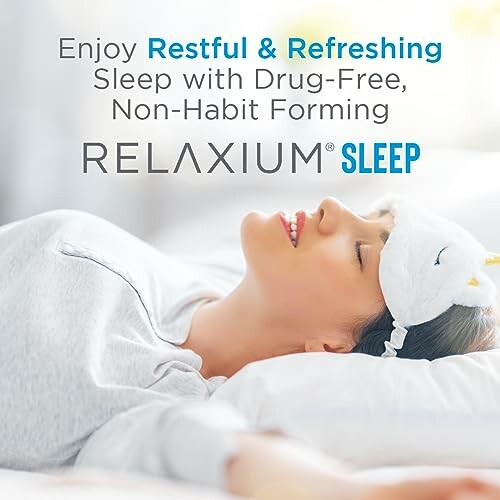Woman wearing sleep mask, promoting Relaxium Sleep for restful sleep
