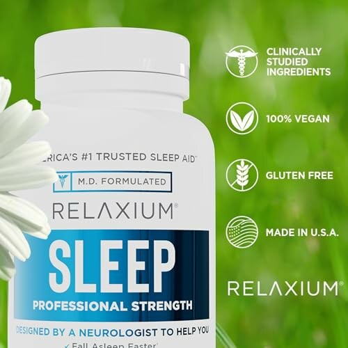 Relaxium Sleep Aid bottle with features like clinically studied ingredients, 100% vegan, gluten-free, made in USA.