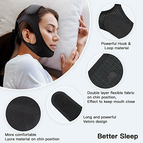 Woman using a chin strap for better sleep with product features highlighted.