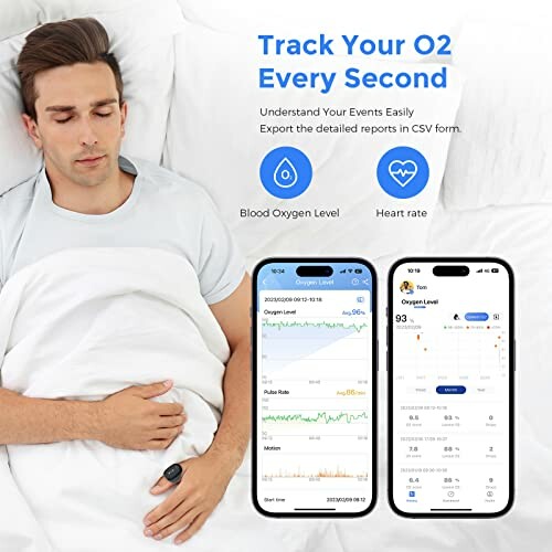 Man sleeping with health monitoring devices displaying blood oxygen and heart rate data.