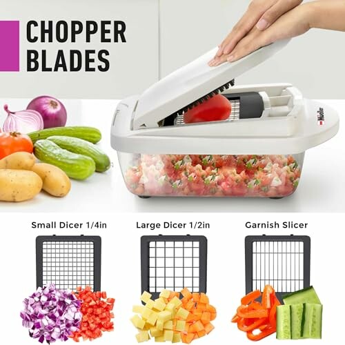Vegetable chopper with three blade options and diced vegetables.