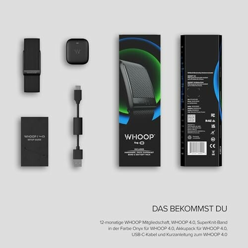 Whoop 4.0 packaging contents including band, charger, and cables.